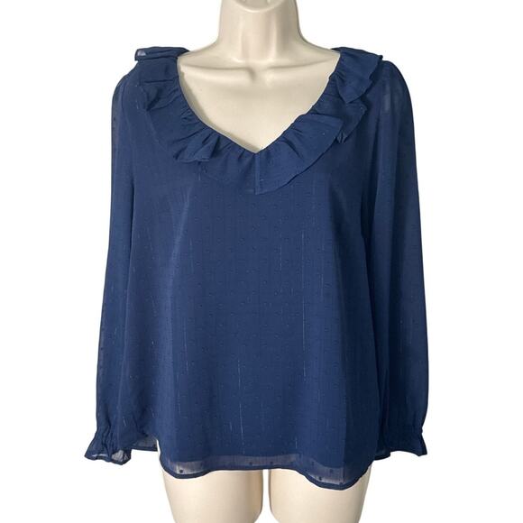 J. Crew V Neck Shimmery Clip Dot Ruffleneck Top Blue Size M - Picture 3 of 12